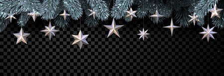 Green spruce branches with bronze stars and shiny lights. Transparent background. Space for text. Vector holiday illustration.のイラスト素材