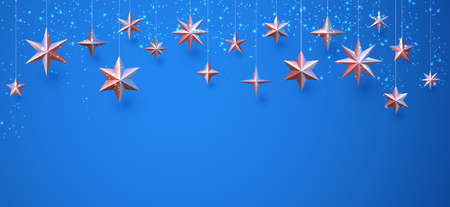 Hanging different bronze stars and snow on blue background. Space for text. Vector holiday illustration.のイラスト素材