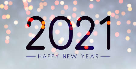 2021 drawn on misted glass. Happy new year sign. Dark background with multicolored lights. Vector...