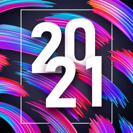 2021 white sign in two lines over colorful gradient brush strokes. White square frame and dark background. Vector holiday illustration.のイラスト素材