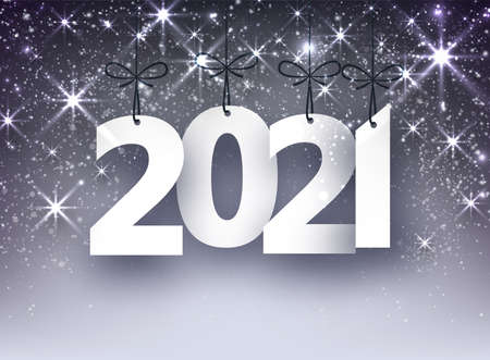 2021 paper sign hanging on ribbons on violet background. Beautiful shiny stars. Vector holiday illustration.のイラスト素材