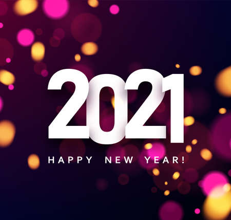2021 sign on blurred dark background. Multicolored bright confetti. Vector holiday illustration.