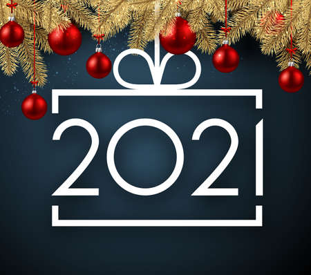 White 2021 sign in square christmas tree toy hanging on ribbon with bow. Red 3d christmas tree toys...