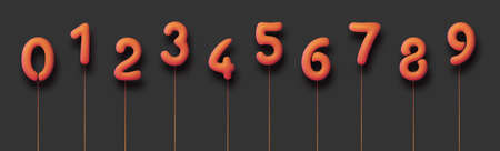 Set of isolated 3d orange balloon numbers with threads on black background. Vector illustration.のイラスト素材