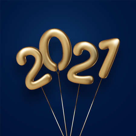 Golden 2021 balloons with threads on dark blue background. Vector holiday illustration.のイラスト素材