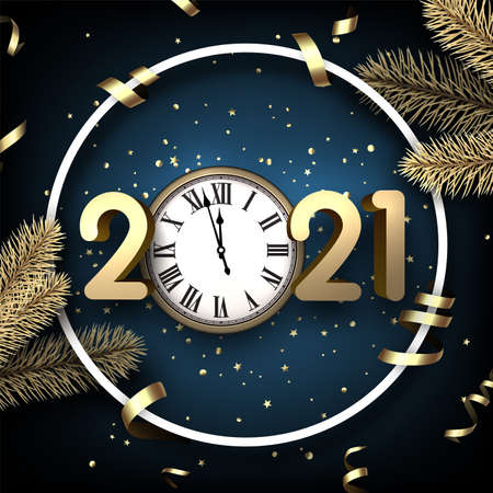 White round frame with 3d gold 2021 sign. Clock showing three minutes to midnight instead of 0 in 2021. Golden metallic foil confetti and serpentine. Gold spruce branches. Deep blue background. Vector holiday illustration.のイラスト素材