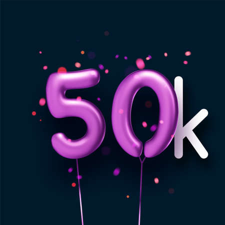 50k sign violet balloons with threads on black background with lights confetti. Vector festive...