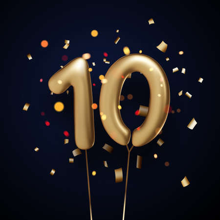 10 sign golden balloons with threads on black background with confetti. Vector festive illustration.のイラスト素材