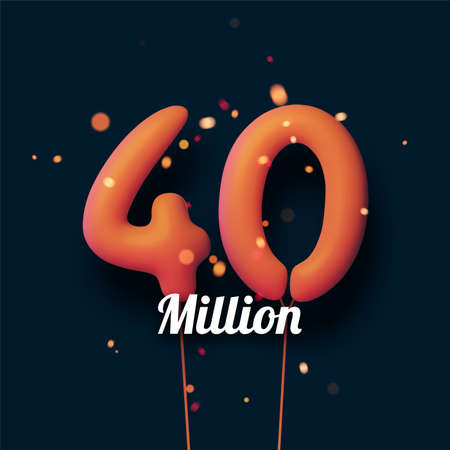 40 million sign orange balloons with threads on black background with lights confetti. Vector festive illustration.のイラスト素材