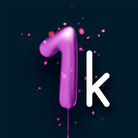 1k sign violet balloons with threads on black background with lights confetti. Vector festive illustration.のイラスト素材
