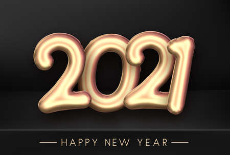 Golden foil balloon 2021 sign on black background. Happy new year sign. Vector holiday illustration.のイラスト素材
