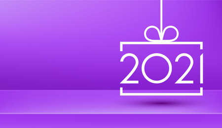 Square christmas tree toy with 2021 sign on purple background. Some space for your text. Vector...