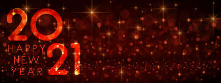 Orange 2021 happy new year transparent sign on gradient red bubble background with sparkling lights....