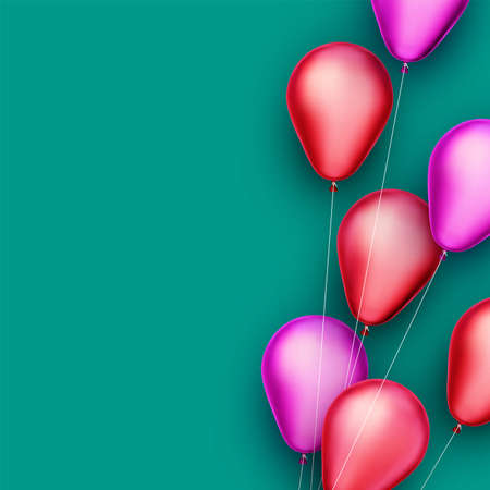 Red and pink foil balloons with threads on green background. Space for text. Vector festive illustration.のイラスト素材