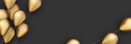 Golden foil balloons with threads on black background. Space for text. Vector festive illustration.のイラスト素材