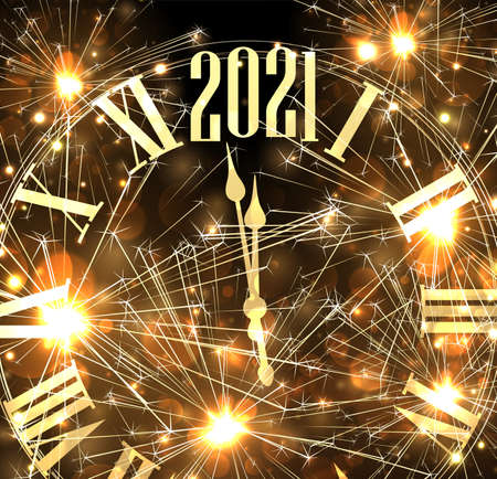 Golden gradient clocks showing 2021 year. Black background with gold shiny sparkles and fireworks....