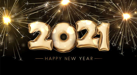 Golden foil balloon 2021 sign on black background with golden sparkling fireworks. Happy new year...