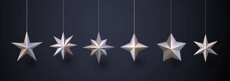 Set of isolates hanging bronze stars of different shape on dark background. Vector holiday...
