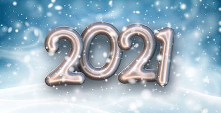 Pearl foil balloon 2021 sign with snow on blue background. Vector holiday illustration.