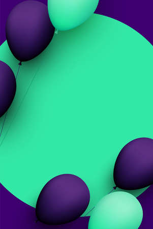 Green and violet balloons with threads on green round background. Space for text. Vector festive illustration.のイラスト素材