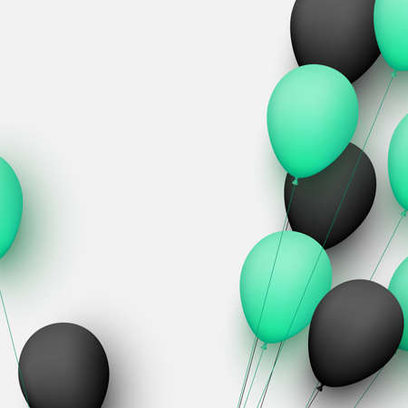 Black and green balloons with threads on light grey background. Space for text. Vector festive illustration.のイラスト素材