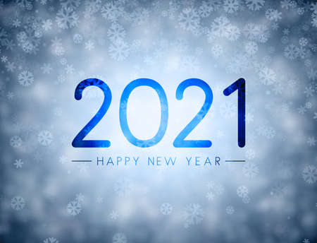 2021 drawn on misted glass. Happy new year sign. Blue background with snowflakes. Vector holiday illustration.のイラスト素材