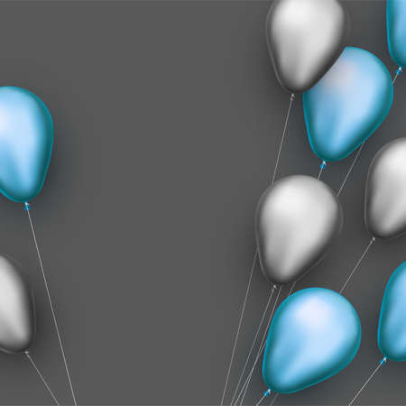 Silver and blue foil balloons with threads on dark grey background. Space for text. Vector festive illustration.のイラスト素材