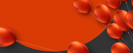 Red balloons with threads on red round background. Space for text. Vector festive illustration.