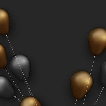 Black and copper foil balloons with threads on black background. Space for text. Vector festive illustration.のイラスト素材