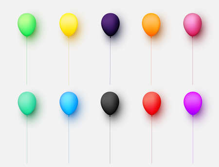 Set of balloons of different colors with threads on light grey background. Vector festive illustration.のイラスト素材