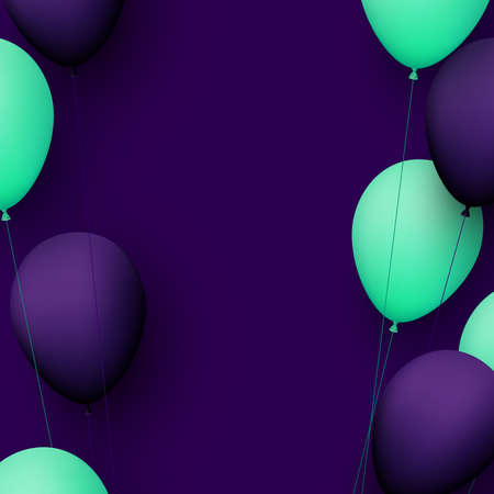 Green and violet balloons with threads on dark violet background. Space for text. Vector festive illustration.のイラスト素材