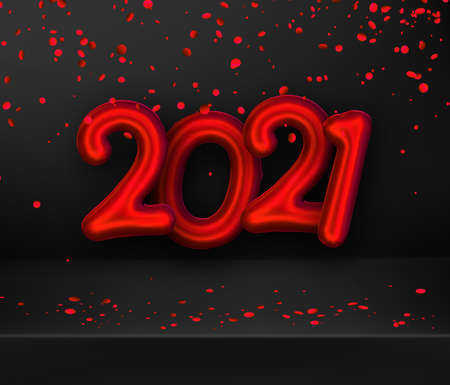 Red foil balloon 2021 sign on black background with red round and oval confetti. Vector holiday illustration.のイラスト素材