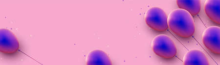 Blue and violet gradient balloons with threads on pink background. Stars confetti. Space for text....