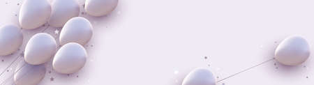 Matt white balloons with threads on white background. Stars confetti. Space for text. Vector festive...