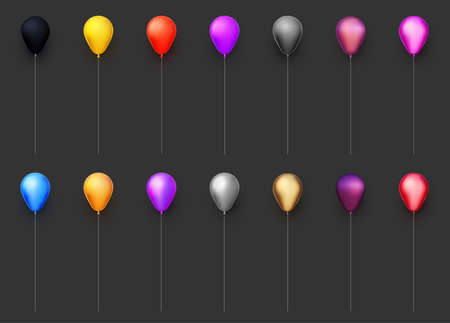 Set of multicolored balloons with threads on black background. Vector festive illustration.のイラスト素材