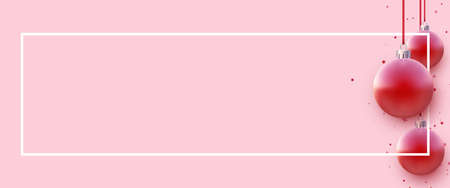 Horizontal frame with red christmas tree balls hanging on red ribbons. Space for text. Vector holiday illustration.のイラスト素材