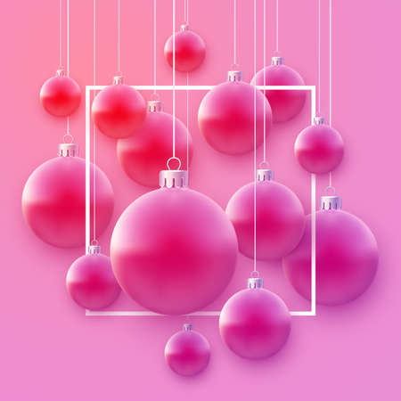 Square frame with pink christmas tree balls hanging on red ribbons. Space for text. Vector holiday illustration.のイラスト素材