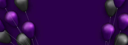 Black and violet foil balloons with threads on dark violet background. Space for text. Vector festive illustration.のイラスト素材