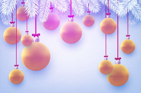 Matt pink and orange christmas balls hanging on ribbons with bow. White spruce branches. Light blue background. Vector festive illustration.のイラスト素材