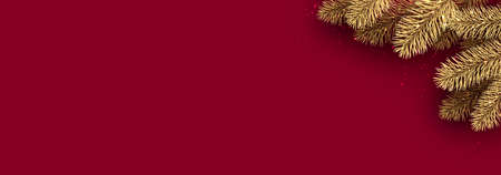 Golden spruce branches in the right corner with shiny lights on red background. Space for text. Vector holiday illustration.のイラスト素材