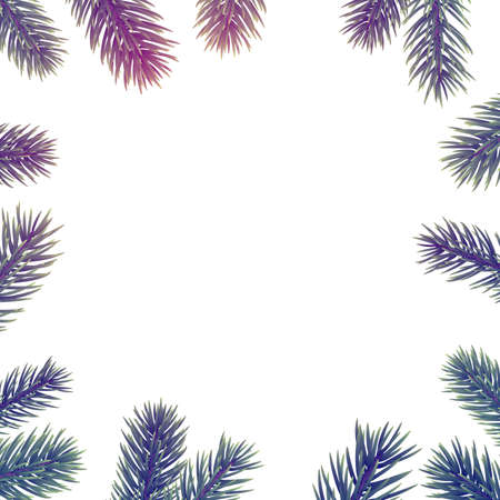 Green, blue and pink spruce branches frame. Christmas frame on white background. Space for text. Vector illustration.のイラスト素材