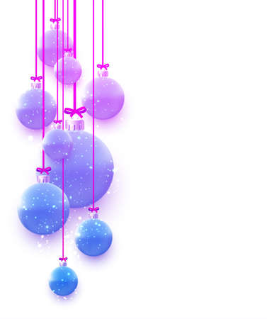 Violet gradient christmas balls hanging on pink ribbons with bow. Snow, snowflakes. White background. Vector festive illustration.のイラスト素材