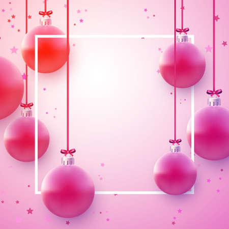 Square frame with pink christmas tree balls hanging on red ribbons. Space for text. Vector holiday illustration.のイラスト素材