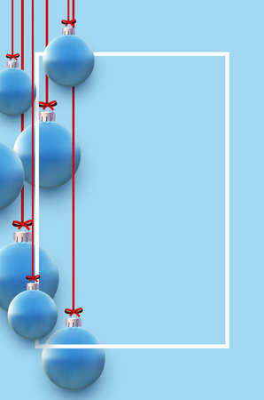Vertical frame with bluechristmas tree balls hanging on red ribbons. Space for text. Vector holiday illustration.のイラスト素材