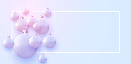 Horizontal frame with matt light blue and pink christmas balls hanging on threads. Space for text. Vector festive illustration.のイラスト素材
