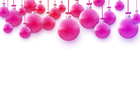 Pink christmas tree balls hanging on pink and red ribbons with bow on white background. Vector holiday illustration.のイラスト素材