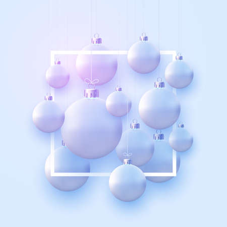 Square frame with matt light blue christmas balls hanging on threads. Vector festive illustration.のイラスト素材