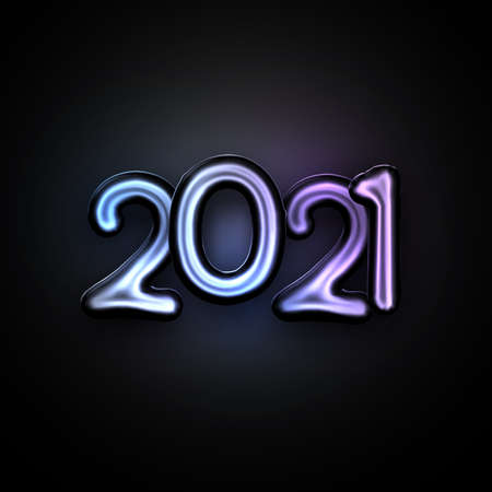 Blue and violet foil balloon 2021 sign on black background. Vector holiday illustration.