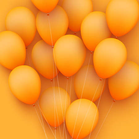 Orange balloons with threads on orange background. Vector festive illustration.のイラスト素材
