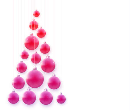 Pink christmas tree balls hanging on pink and red ribbons with bow on white background. Vector holiday illustration.のイラスト素材